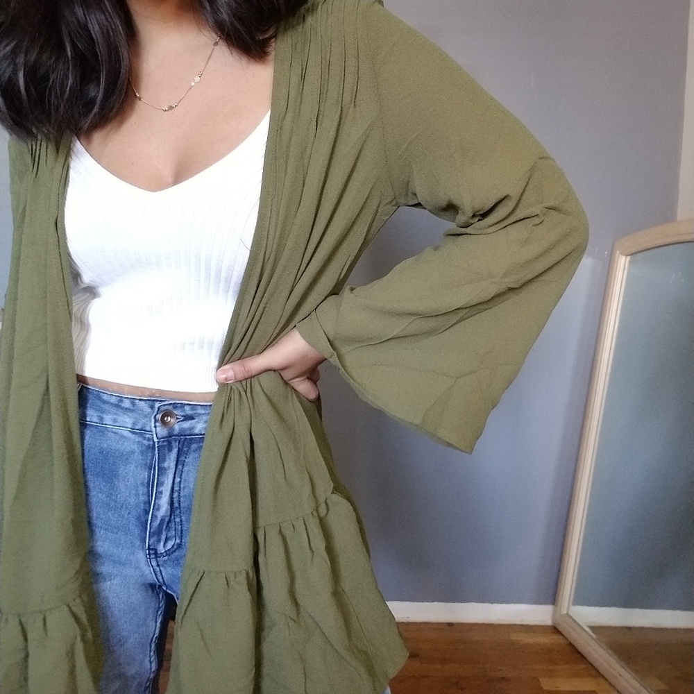 GOOD TO BE OLIVE GREEN RUFFLE CARDIGAN - Picture 6 of 6